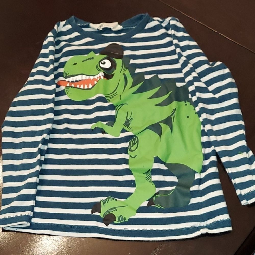 H&M Green Striped Dinosaur Long Sleeve T Shirt 2-4